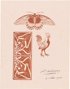 Butterfly, Rooster, and Foliage by Julie de Graag (signed by artist)