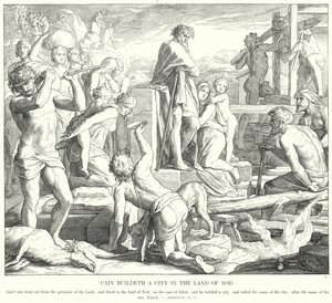 Cain Building a City in the Land of Nod (engraving) by Julius (after) Schnorr von Carolsfeld