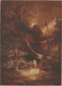 Moonlit Landscape with a Monk Walking near a Palace by Julius Albert Elsasser