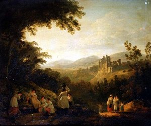 A Wooded Landscape with Washerwomen by a Fountain by Julius Caesar Ibbetson