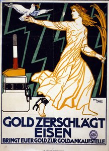 Woman Representing Peace, Carrying a Dove and a Gold Palm, Strides Away from the Block from Which She Has Been Freed by Gold Hammer. Gold Breaks Iron. Bring Your Gold to a Gold Dealer. Poster c1919.
