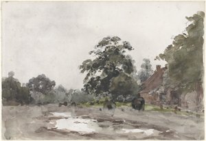 Farmhouse under Tall Trees with Water in the Foreground