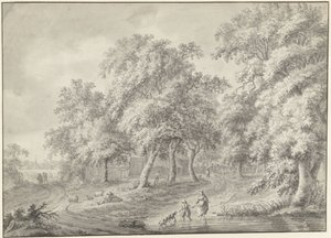 Landscape with Mother and Child with Dog Wading Through a Pool by Jurriaan Andriessen (possibly)
