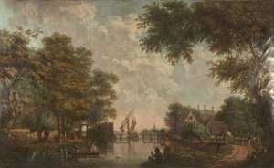 Wallpaper with Dutch landscape, belonging to the hall of Nieuwe Doelenstraat 22