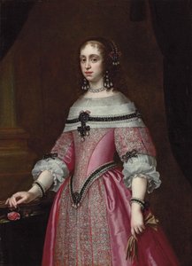 Portrait of a Lady, Three-Quarter-Length, in an Embroidered Pink Dress, Elaborate Headdress and Earrings, Holding Gloves in Her Left Hand and a Rose in Her Right, a Draped Column Behind