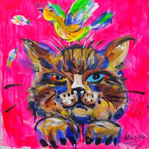 Colorful Cat With Bird