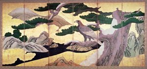 The Hawks in the Pines, 6 Panel Folding Screen (pen and ink, colour, gold on panel)