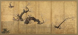 Blossoming Plum and Camellia in a Garden Landscape