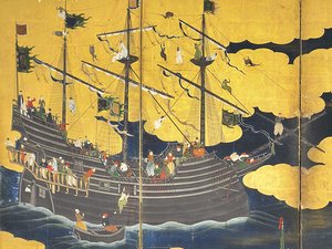 (Detail) The Southern Barbarians Come to Trade, Pair of Six-Panel Screens, Early 17th Century