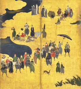 (Detail) The Southern Barbarians Come to Trade, Pair of Six-Panel Screens, Early 17th Century
