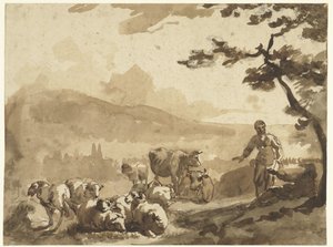 Mountain Landscape with Shepherds and Their Flock of Sheep and Cows by Karel Du Jardin