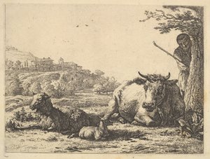 Cow, Adult Sheep, and Young Sheep Lying in the Grass, with a Shepherd by Karel Du Jardin