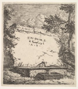 Frontispiece with Stepped Fountain, a Stone Wall with Water Spout Pouring Water into a Rec... by Karel Du Jardin