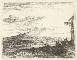 Landscape with corner of building and awning at far right, two figures and a horse by Karel Du Jardin