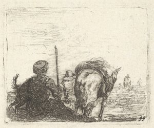 Pack-horse, seated man with staff in right hand, and dog, all viewed from the rear by Karel Du Jardin