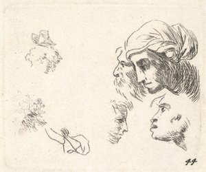 Study of Heads in Profile View, a Woman with Headcloth and Bearded Man Whose Heads ..., ca. 1641-78 by Karel Du Jardin