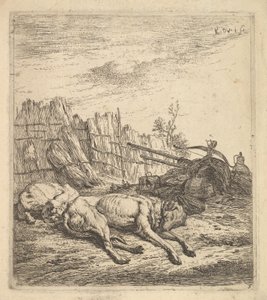 Two Dogs Sleeping on the Ground, a Plough, Farm Equipment, Bunches of Straw by Karel Du Jardin