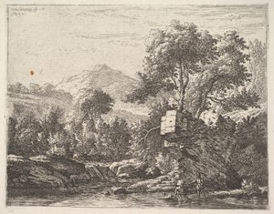 Two men standing ankle-deep in a body of water with a rocky outcrop behind them by Karel Du Jardin