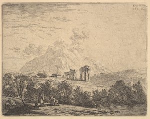 View of hillside with ruins an aqueduct and mountain crag beyond, in the foreground a man, 1658 by Karel Du Jardin