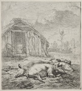 Three Swine Lying in Front of a Sty by Karel Dujardin