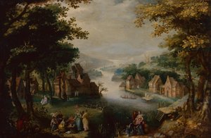 Finding of Moses with an Elegant Couple, Servant and Hunter by Karel van (circle of) Mander