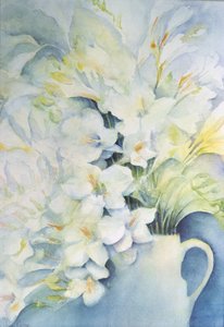Freesia, Aurora and Ballerina in a White Jug