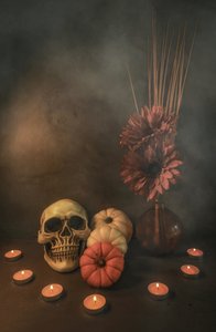 Candlelit Autumn Skull by Karen Smalley