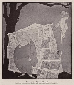 Cupid Hanging from a Tree Above a Street Kiosk Selling Pornography by Karl Arnold