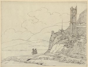 Mountain Landscape with Tower Ruins and Figures by Karl Friedrich Schinkel