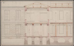 Berlin. Academy Building Unter den Linden. Partial Elevation of the Facade, Partial Longitudinal Section Detail and Cross Section by Karl Friedrich Schinkel