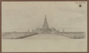 Berlin. Design for a Cathedral as a Monument for the Wars of Liberation (Liberation Cathedral) with Crossing Tower and Domes over the Cross Arms by Karl Friedrich Schinkel