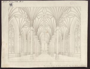 Berlin, Spittelmarkt. Design for the Gertrauden Church. Interior view, looking through the nave to the choir by Karl Friedrich Schinkel