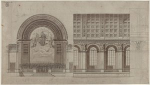 Berlin, Unter den Linden. Design for a Hall for the Singakademie in the Rear Wing of the Academy of Arts. Cross Section and Longitudinal Section by Karl Friedrich Schinkel