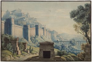 The Vestal. Opera by Gaspare Spontini. Design for the 3rd Decoration. Antique City on a Mountain Behind High Walls by Karl Friedrich Schinkel