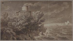 Rocky Sea Coast with an Antique-Style Lighthouse, in Rough Seas by Karl Friedrich Schinkel