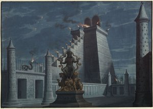 Fernand Cortez, or: The Conquest of Mexico. Opera by Gaspare Spontini. Design for the 1st Decoration. Indian Fire Temple by Karl Friedrich Schinkel