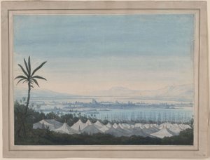 Fernand Cortez, or: The Conquest of Mexico. Opera by Gaspare Spontini. Design for the 2nd Decoration. View of Mexico City and the Spanish Camp by Karl Friedrich Schinkel