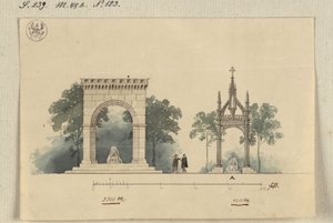 Lützen. Design for a Monument to King Gustav II Adolf of Sweden as an Open Arcaded Hall on Four Sides and as a Tabernacle above the Swedish Stone by Karl Friedrich Schinkel