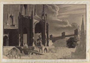 Portal of a Gothic Cathedral with the Equestrian Statue of Saint Michael, Opposite a Fountain and a Palace in the Background