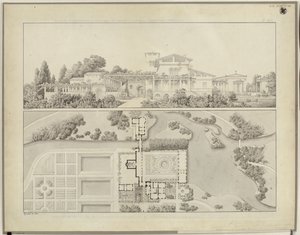 Potsdam-Sanssouci. Roman Baths at Charlottenhof Palace. View from the West and Floor Plan of the Gardener
