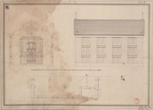 Tillendorf (Bolesławice, Liegnitz District). Design for the Protestant Church. Ground plan, elevation of the side facade and cross-section by Karl Friedrich Schinkel