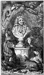 Allegoric bust of Jean de La Fontaine, surrounded by animals; frontispiece of a book of the Fables de la Fontaine by Karl Girardet