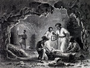 Archaeological Discoveries in Caves of Samoun, engraving based on drawing by Karl Girardet
