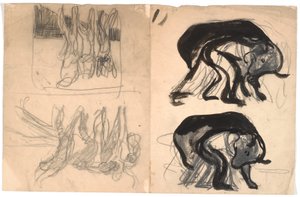 Left: Two Composition Sketches with a Bent Person under a Bear-like Animal. Right: Two Composition Sketches with Several Figures