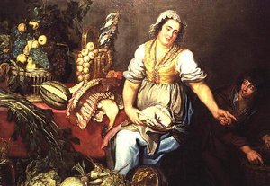 Kitchen Still Life with Fruit, Vegetables and a Girl Holding a Chicken
