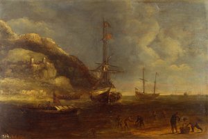 Coastal View with Shipping and Fishermen in the Foreground