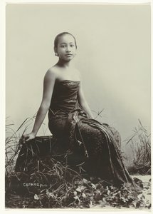 Studio Portrait of a Javanese Woman Sitting on a Log
