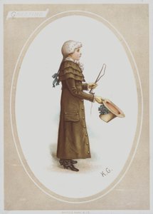 Boy in long brown coat, with wig, and holding hat and hunting whip by Kate (after) Greenaway