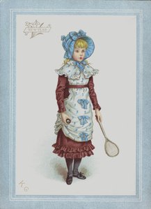 Girl in dress and bonnet, holding shuttlecock and racket by Kate (after) Greenaway