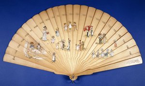 A Large Wooden Brise Fan Painted in Colours with Groups of Children at Various Pursuits by Kate Greenaway